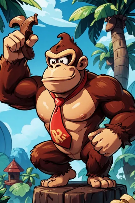 solo, jungle, bananas, tree house, <lora:add_detail:0.7>, <lora:dkong-09:0.6>, dkong, red necktie, gorilla, furry, no humans, brown fur, donkey kong