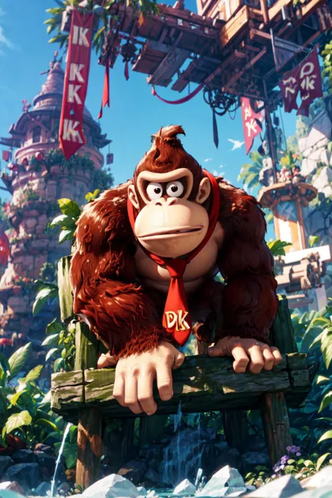 solo, jungle, tree house, <lora:add_detail:0.7>, <lora:dkong-09:0.6>, dkong, red necktie, gorilla, furry, no humans, brown fur, donkey kong, <lora:SM(120R):0.8>, in the style of SM, <lora:tachi-e:1>, white background, full body,