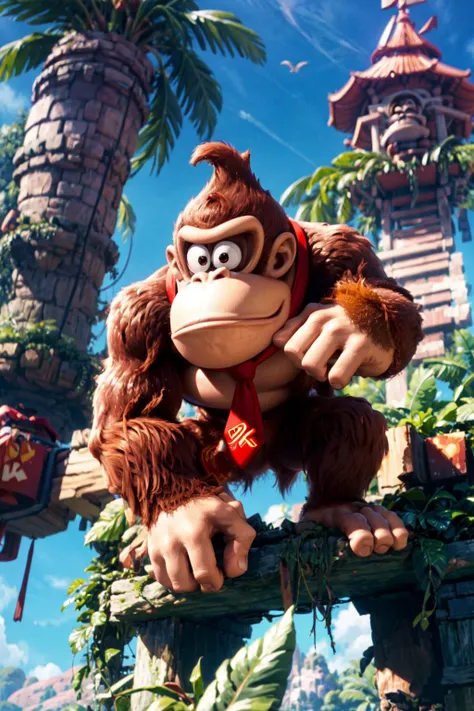 solo, jungle, tree house, <lora:add_detail:0.7>, <lora:dkong-09:0.6>, dkong, red necktie, gorilla, furry, no humans, brown fur, donkey kong, <lora:SM(120R):0.8>, in the style of SM,