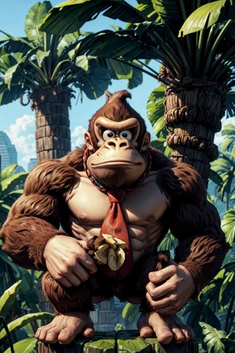 solo, jungle, bananas, tree house, <lora:add_detail:0.7>, <lora:dkong-09:0.6>, dkong, red necktie, gorilla, furry, no humans, brown fur, donkey kong