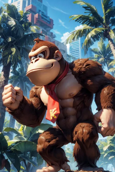 solo, jungle, bananas, tree house, <lora:add_detail:0.7>, <lora:dkong-09:0.6>, dkong, red necktie, gorilla, furry, no humans, brown fur, donkey kong