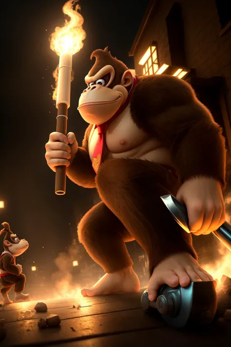 dkong, necktie,1boy,monkey,furry, cinematic portrait of an angry donkey kong holding a giant hammer and charging into an epic battle with King K. Rool, dark, scary, cinematic lighting, dramatic, hyper-detailed, , CGI, Realism, RTX, Dramatic Lighting, Volumetric Lighting, Volumetric Light, Volumetric, ((high quality:1.2, masterpiece:1.2)), absurdres, high resolution, high details, detailed and intricate, intricate details, high intricate details, absurd amount of details, (8k resolution), 8k, 8kres, 8k res, super resolution, ultra hd, megapixel, Establishing Shot, vore large belly inside blacky the fox mobian male belly