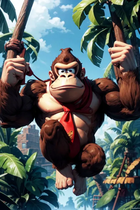 solo, jungle, bananas, tree house, <lora:add_detail:0.7>, <lora:dkong-09:0.6>, dkong, red necktie, gorilla, furry, no humans, brown fur, donkey kong