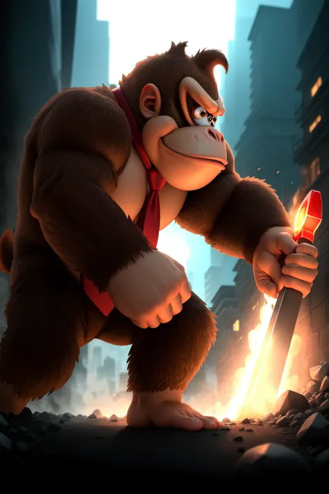 dkong, necktie,1boy,monkey,furry, <lora:dkong:0.7>, cinematic portrait of an angry donkey kong holding a giant hammer and charging into an epic battle with King K. Rool, dark, scary, cinematic lighting, dramatic, hyper-detailed, , CGI, Realism, RTX, Dramatic Lighting, Volumetric Lighting, Volumetric Light, Volumetric, ((high quality:1.2, masterpiece:1.2)), absurdres, high resolution, high details, detailed and intricate, intricate details, high intricate details, absurd amount of details, (8k resolution), 8k, 8kres, 8k res, super resolution, ultra hd, megapixel, Establishing Shot,