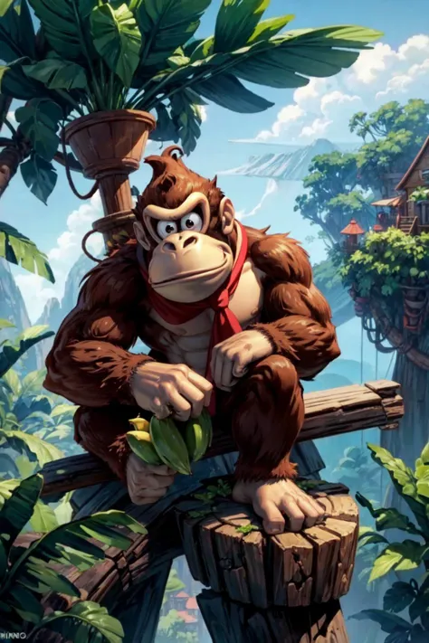 solo, jungle, bananas, tree house, <lora:add_detail:0.7>, <lora:dkong-09:0.6>, dkong, red necktie, gorilla, furry, no humans, brown fur, donkey kong