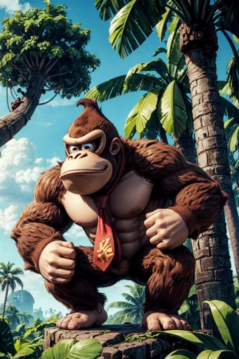 solo, jungle, bananas, tree house, <lora:add_detail:0.7>, <lora:dkong-09:0.6>, dkong, red necktie, gorilla, furry, no humans, brown fur, donkey kong