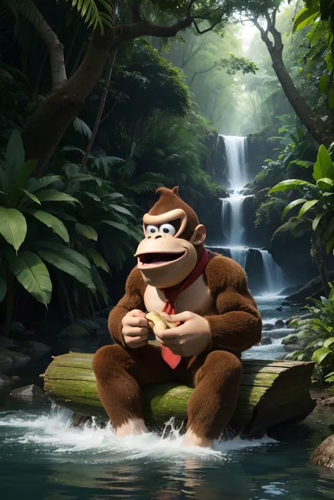 dkong, solo, necktie,monkey,furry,looking at viewer, smiling, laughing,
outside, jungle,sitting on a log, roaring river, holding banana,
extremely detailed, (realistically detailed hair), HDR, blue sky, warm ambiance, <lora:dkong:.8>