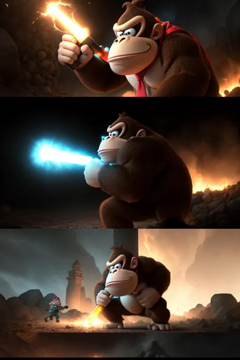 dkong, necktie,1boy,monkey,furry, <lora:dkong:0.7>, cinematic portrait of an angry donkey kong holding a giant hammer and charging into an epic battle with King K. Rool, dark, scary, cinematic lighting, dramatic, hyper-detailed, , CGI, Realism, RTX, Dramatic Lighting, Volumetric Lighting, Volumetric Light, Volumetric, ((high quality:1.2, masterpiece:1.2)), absurdres, high resolution, high details, detailed and intricate, intricate details, high intricate details, absurd amount of details, (8k resolution), 8k, 8kres, 8k res, super resolution, ultra hd, megapixel, Establishing Shot,