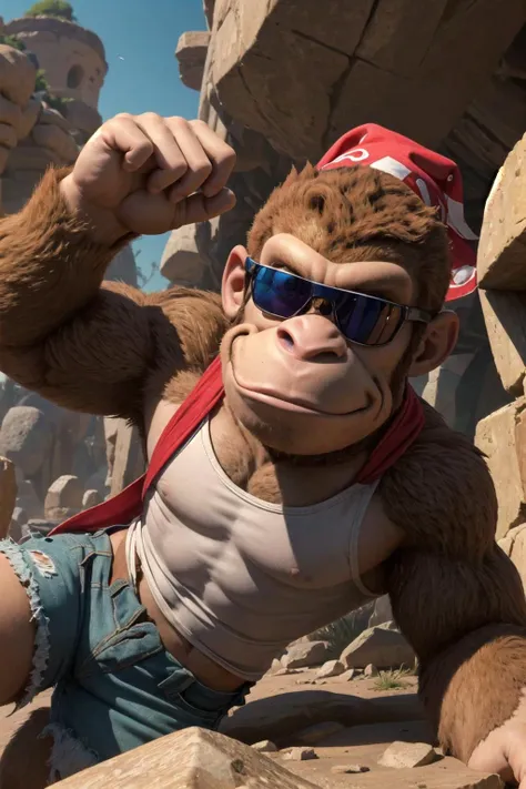 (detailed face and eyes:1.3),full body,
<lora:dkong-09:0.6>,funkong,1boy,monkey,furry,sunglasses,white tank top,shorts,red bandana,(wariza:1.3),smile,
Ultra-detail,(highres:1.1),best quality,(masterpiece:1.3),cinematic lighting,