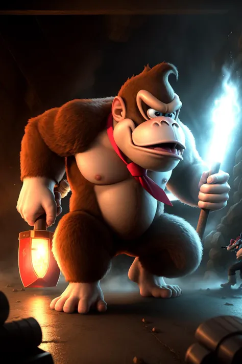 dkong, necktie,1boy,monkey,furry, <lora:dkong:0.7>, cinematic portrait of an angry donkey kong holding a giant hammer and charging into an epic battle with King K. Rool, dark, scary, cinematic lighting, dramatic, hyper-detailed, , CGI, Realism, RTX, Dramatic Lighting, Volumetric Lighting, Volumetric Light, Volumetric, ((high quality:1.2, masterpiece:1.2)), absurdres, high resolution, high details, detailed and intricate, intricate details, high intricate details, absurd amount of details, (8k resolution), 8k, 8kres, 8k res, super resolution, ultra hd, megapixel, Establishing Shot,