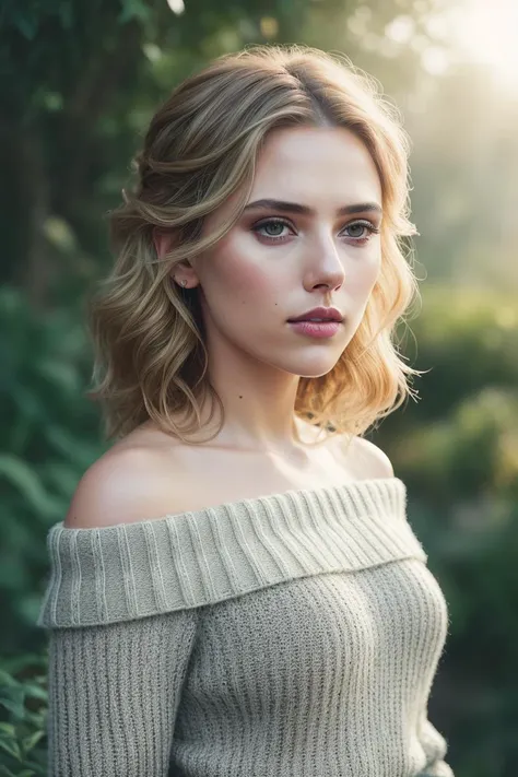 beautiful woman (scj0_jg:.99), beautiful hair, ((portrait)), (closeup:1.2), ((from the waist up)), (( fantastic scenery, garden[::1] :1.2)) , natural skin texture, ((elegant sweater off-shoulder with a strap:1.2)), ((painted lips)), 24mm, 4k textures, soft cinematic light, adobe lightroom, photolab, hdr, intricate, elegant, highly detailed, sharp focus, ((((cinematic look)))), soothing tones, insane details, intricate details, hyperdetailed, low contrast, soft cinematic light, exposure blend, hdr, faded, now, ("I've got a bad feeling about this.":1.1)