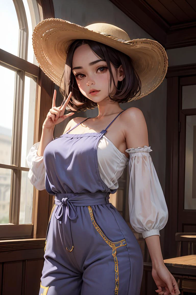 (masterpiece, best quality), female youth, broad, latin american, chestnut eyes, round jaw, narrow forehead, square face shape, symmetrical eyes, , lavender
textured haircut hair, curiosity
wearing fair isle chiffon __bo/properties/color__
gaucho jumpsuit, __bo/properties/color__
cami set, cowboy hat,
, one hand pointing, signaling direction