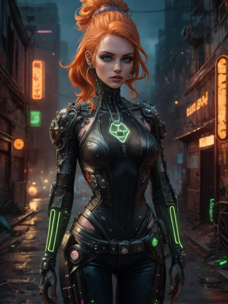 cyberpunk style, 1girl, beautiful, orange hair, fantastical hair, standing in the highlands, eyeliner, focus on eyes, intricate detailed background, cowboy shot, sfw, <lora:nuclearpunk-style-darquelilly-v1:0.8> nuclearpunk, neon