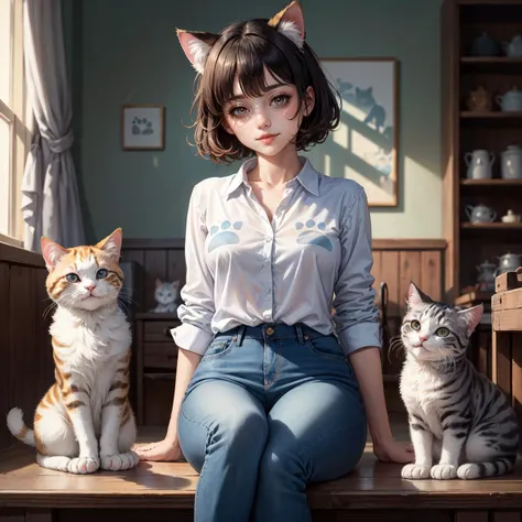 Cute  boy with short handsome white hair，Wear shorts and socks on your feet，Has cat ears and a cat tail，lying on sofa，adolable，Childlike，nursershades，inside in room，style of anime，planar --auto