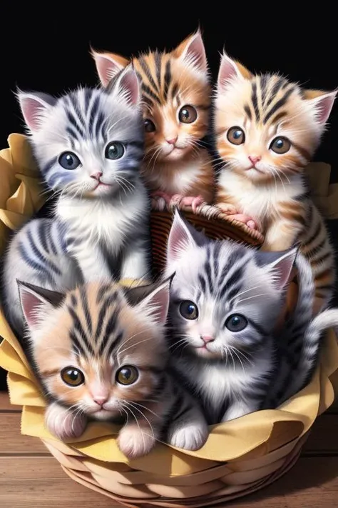 (large group of small cute colorful kittens in basket:1.5),
ultra wide angle shot, cinematic style, 8k, RAW photo, photo-realistic, masterpiece, best quality, absurdres, incredibly absurdres, huge filesize, extremely detailed, High quality texture, Cinematic Lighting, physically-based rendering, Ray tracing,
photorealistic, octane render, best quality, looking at viewer, looking down, sharp focus, (8k), (4k), (Masterpiece), (Best Quality), (realistic skin texture), extremely detailed, intricate, hyper detailed, illustration, soft lighting, high resolution, sharp detail,