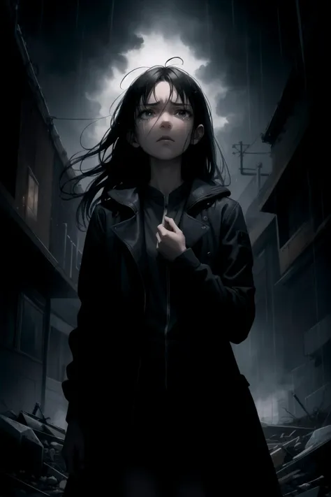 1girl, (solo), outdoors, (heavy rain:1.2), broken by woe, profound sadness, deep sorrow, anguish, angst, (contorted expression), (in severe pain), absolute despair, doom and gloom, hopelessness, (tears:1.1), horror, ominous atmosphere, (masterpiece), (hyper detailed), (intricate detail), [high contrast], 4k, dark colors, dynamic, best quality, absurdres,