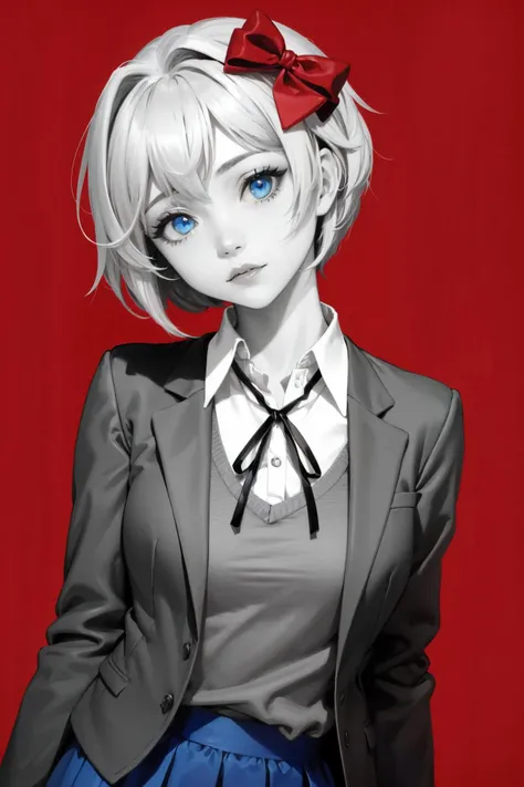 (masterpiece), best quality, lines, 1girl, solo, red background, red eyes, breasts,, spot color, (head tilt), monochorome, upper body, greyscale with colored background, greyscale, simple background,, <lora:ddlc-10:1> blazer, brown sweater, collared shirt, neck ribbon, blue skirt sayori, blue eyes, pink hair, hair bow, red bow, (logo:1.3), vector graphics, brand, design, inspired, (straight:1.3), (symmetrical:0.4)