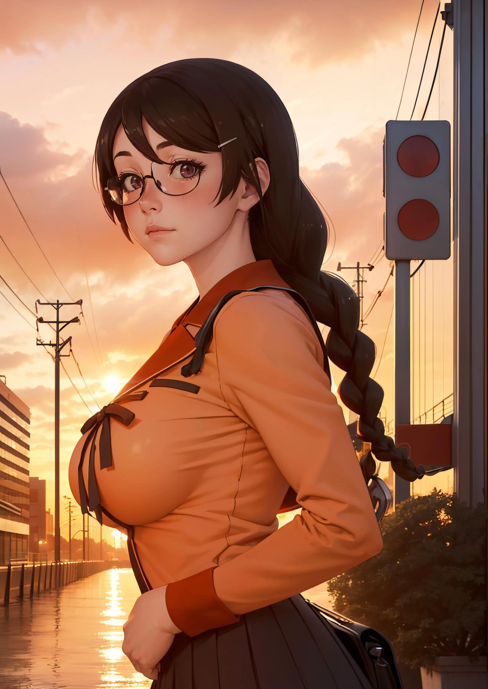 1girl, upper body portrait, standing, facing viewer, <lora:HANEKAWA600:.6> HANEKAWA600,1girl,blush, glasses,naoetsu_high_school_uniform,hairclip,braid, big breasts, hands behind back, eyes focused on viewer, romantic, in love, looking at viewer, blush, :3 architecture, bare tree, black border, bridge, building, car, chain-link fence, city, city lights, cityscape, cloud, cloudy sky, dusk, evening, fire, fireplace, gradient sky, house, lens flare, letterboxed, mountain, mountainous horizon,, orange sky, orange theme, outdoors, pillarboxed, power lines, purple sky, red sky, river, ruins, scarlet devil mansion, scenery, silhouette, sky, skyline, skyscraper, sun, sunrise, sunset, tower, tree, twilight, utility pole, water,, photorealistic, octane render, best quality, looking at viewer, looking down, sharp focus, (8k), (4k), (Masterpiece), (Best Quality), (realistic skin texture), extremely detailed, intricate, hyper detailed, , illustration, soft lighting, , high resolution, sharp detail,
beautiful, beautiful eyes, anatomically correct, extremely detailed eyes, RAW image, beautiful face, symmetrical eyes, symmetrical face, amazing lighting
