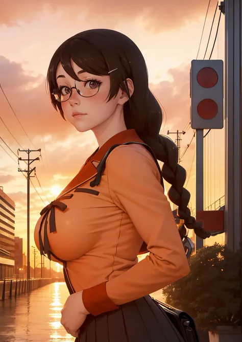 1girl, upper body portrait, standing, facing viewer, <lora:HANEKAWA600:.6> HANEKAWA600,1girl,blush, glasses,naoetsu_high_school_uniform,hairclip,braid, big breasts, hands behind back, eyes focused on viewer, romantic, in love, looking at viewer, blush, :3 architecture, bare tree, black border, bridge, building, car, chain-link fence, city, city lights, cityscape, cloud, cloudy sky, dusk, evening, fire, fireplace, gradient sky, house, lens flare, letterboxed, mountain, mountainous horizon,, orange sky, orange theme, outdoors, pillarboxed, power lines, purple sky, red sky, river, ruins, scarlet devil mansion, scenery, silhouette, sky, skyline, skyscraper, sun, sunrise, sunset, tower, tree, twilight, utility pole, water,, photorealistic, octane render, best quality, looking at viewer, looking down, sharp focus, (8k), (4k), (Masterpiece), (Best Quality), (realistic skin texture), extremely detailed, intricate, hyper detailed, , illustration, soft lighting, , high resolution, sharp detail,
beautiful, beautiful eyes, anatomically correct, extremely detailed eyes, RAW image, beautiful face, symmetrical eyes, symmetrical face, amazing lighting