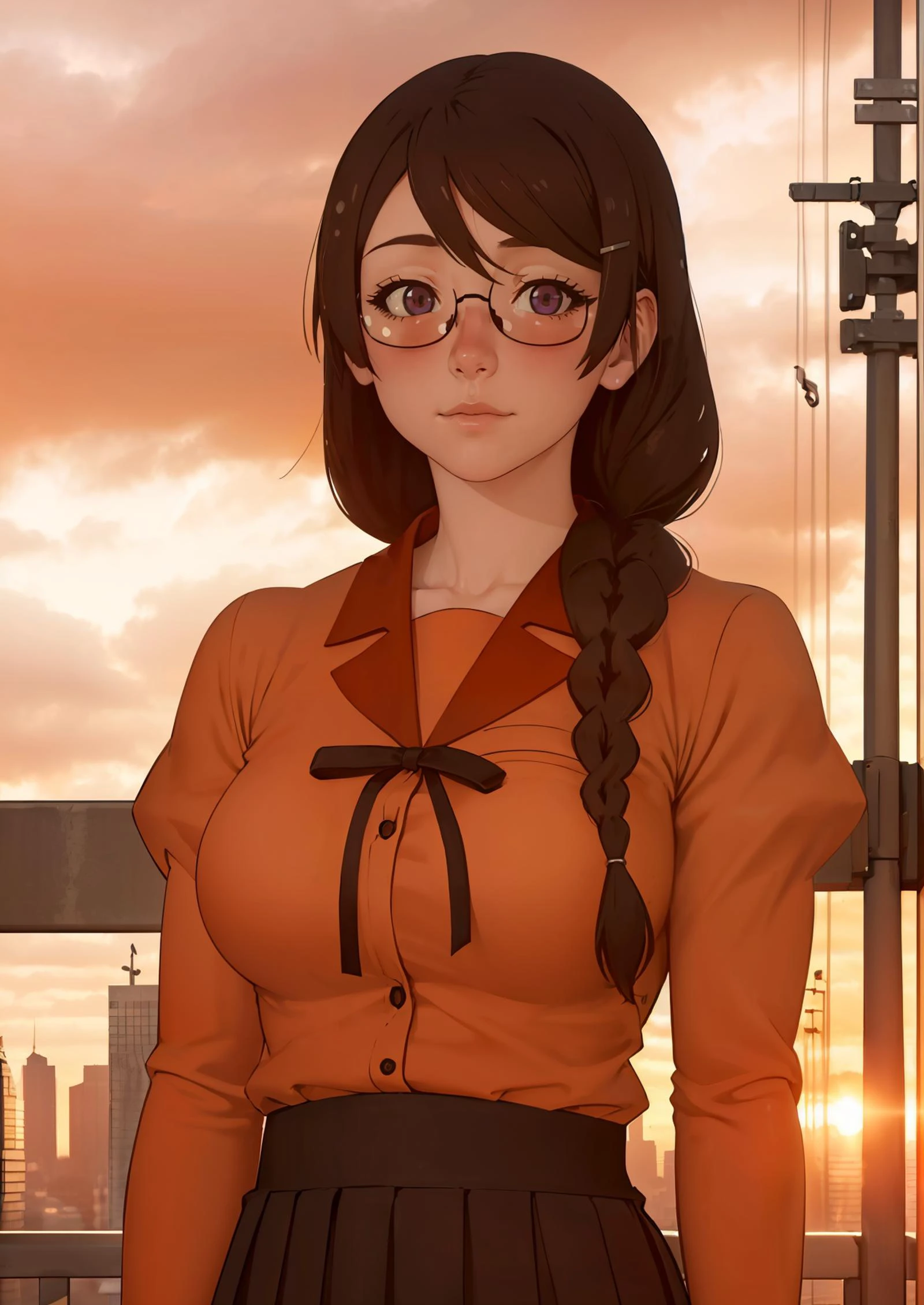 1girl, upper body portrait, standing, facing viewer,
<lora:HANEKAWA600:.7> HANEKAWA600,1girl,blush, glasses,naoetsu_high_school_uniform,hairclip,braid, big breasts, hands behind back, eyes focused on viewer, romantic, in love, long hair
looking at viewer, blush, :3
architecture, bare tree, black border, bridge, building, car, chain-link fence, city, city lights, cityscape, cloud, cloudy sky, dusk, evening, fire, fireplace, gradient sky, house, lens flare, letterboxed, mountain, mountainous horizon,, orange sky, orange theme, outdoors, pillarboxed, power lines, purple sky, red sky, river, ruins, scarlet devil mansion, scenery, silhouette, sky, skyline, skyscraper, sun, sunrise, sunset, tower, tree, twilight, utility pole, water,, photorealistic, octane render, best quality, looking at viewer, looking down, sharp focus, (8k), (4k), (Masterpiece), (Best Quality), (realistic skin texture), extremely detailed, intricate, hyper detailed, , illustration, soft lighting, , high resolution, sharp detail,
beautiful, beautiful eyes, anatomically correct, extremely detailed eyes, RAW image, beautiful face, symmetrical eyes, symmetrical face, amazing lighting
