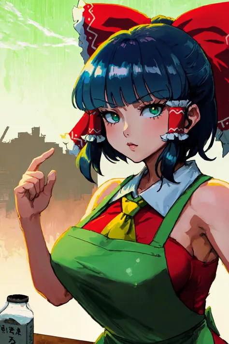 (view of 1girl upper body of hakurei reimu rurima at general store:1.2)
(matte short hair with detailed headdress )
(perfect rurima face )
(detailed hakurei reimu miko dress with grid pattern printed pink whole logng pink apron on top:1)
(completely covered large breasts )
(best lighting ),
(color shift sharp shading)
(8k),(highres),(ray tracing),(decensored),(dutch angle:0.6)
(masterpiece:1.2)(best quality:1.3)(SFW:1)
(perfect anatomy:1)
<lyco:kusso_+++_v1:1>, cyberpunk style, post apocalyptic, futuristic, glowing eyes, magic, green fire CelShade