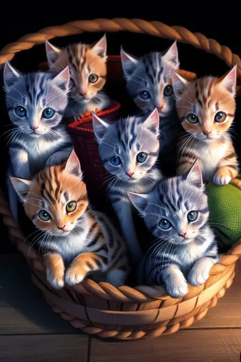 (large group of small cute colorful kittens in basket:1.5),
ultra wide angle shot, cinematic style, 8k, RAW photo, photo-realistic, masterpiece, best quality, absurdres, incredibly absurdres, huge filesize, extremely detailed, High quality texture, Cinematic Lighting, physically-based rendering, Ray tracing,
photorealistic, octane render, best quality, looking at viewer, looking down, sharp focus, (8k), (4k), (Masterpiece), (Best Quality), (realistic skin texture), extremely detailed, intricate, hyper detailed, illustration, soft lighting, high resolution, sharp detail,