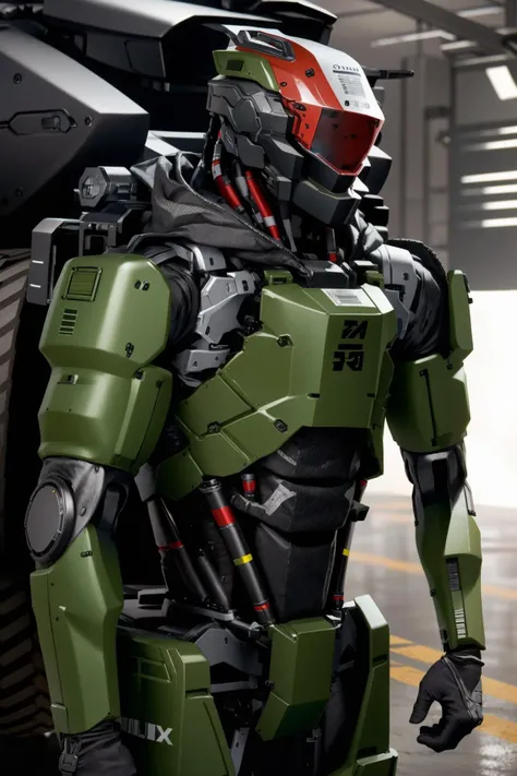 photorealistic, octane render, best quality, looking at viewer, looking down, sharp focus, (8k), (4k), (Masterpiece), (Best Quality), (realistic skin texture), 3d model, ab_robot, artificial muscle, barcode, black metal, black waist, boxy, boxy legs, boxy torso, boxy upper arm, cinematic shading, dark, digital art, exposed machinery, fabric covered shoulders, fists, helmet, holding weapon, hood, humanoid, hydraulic pistons, lightened component arms, no humans, not aaron, olive green, realistic, rifle, robot, science fiction, solo, strogg, too much detail, untextured, upper body, wide hip joints <lora:GR-NAI-128-64:1>