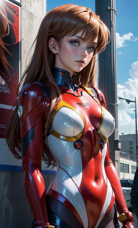 (best quality, masterpiece, colorful, dynamic angle, highest detailed)(Asuka Langley), upper body photo, fashion photography of cute red long hair girl (Asuka Langley), dressing high detailed Evangelion red suit (high resolution textures), in dynamic pose, bokeh, (intricate details, detailed, sunlight passing through hair, (poster art background), (official art, extreme detailed, highest detailed),, photorealistic, octane render, best quality, looking at viewer, looking down, sharp focus, (8k), (4k), (Masterpiece), (Best Quality), (realistic skin texture), extremely detailed, intricate, hyper detailed, , illustration, soft lighting, , high resolution, sharp detail, blush, outdoor, blue sky, cloud day, day,