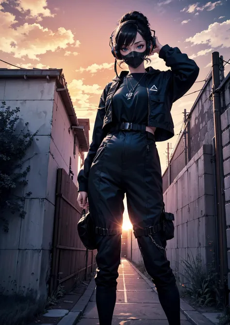 <lora:techpunkmask_v0.2:0.8> <lora:urbansamuraiv3testing:0.5>
ulzzang-6500, clean face, fullbody, 1woman, (wearing black and white and cobalt scifi techmask and headphones with complex electronics), wearing black techwear jacket and orange trousers with buckle and tape, (crystal necklace), posing for a picture, (white braided bun hair), glasses 
1girl, standing, cheeky grin, cheerful expression, excited eyes, hands behind head, arms up, contrapposto, purple schoolgirl uniform, nose covered, mask covering nose
bridge, building, bush, chain-link fence, city, cityscape, cloud, cloudy sky, diffraction spikes,fence, gradient sky, grass, horizon, house, lens flare, light rays, mountain, mountainous horizon, , ocean, orange sky, outdoors, palm tree, plant, power lines, red sky, road, ruins, scenery, sky, skyline, skyscraper, sun, sunbeam, sunlight,  tree,, photorealistic, octane render, best quality, looking at viewer, looking down, sharp focus, (8k), (4k), (Masterpiece), (Best Quality), (realistic skin texture), extremely detailed, intricate, hyper detailed, , illustration, soft lighting, , high resolution, sharp detail,, photorealistic, octane render, best quality, looking at viewer, looking down, sharp focus, (8k), (4k), (Masterpiece), (Best Quality), (realistic skin texture), extremely detailed, intricate, hyper detailed, , illustration, soft lighting, , high resolution, sharp detail,
beautiful, beautiful eyes, anatomically correct, extremely detailed eyes, RAW image, beautiful face, symmetrical eyes, symmetrical face, amazing lighting