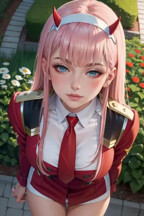 masterpiece, best quality, ultra-detailed, glowing light, (detailed background, complex background:1.2), (perfect face, detailed face), (mature female, milf:1.4), full-face blush,half-closed eyes, smirk, parted lips, thighs,
<lora:zero_two:0.8>, zero_two, long hair, horns, hairband, white hairband, medium breasts, very long hair, straight hair, red horns, necktie, uniform, military, military uniform, long sleeves, collarbone, blue eyes
(garden, outdoors, standing, leaning forward ), (((FROM ABOVE))), outdoor, blue sky, cloud day, day,