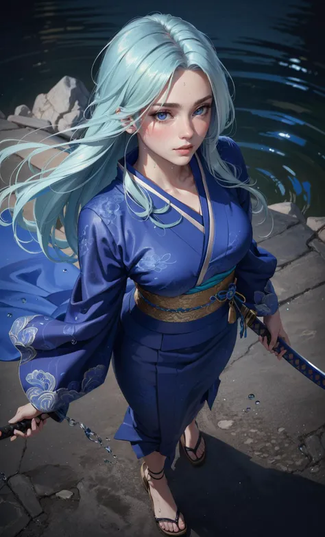 (best quality, masterpiece, colorful, dynamic angle, highest detailed)full body photo, ull body photo epic realistic, (close up), 1girl, floating blue_hair, long hair, (water:0.7), waterdrop, wet, holding_katana, blue_kimono with intricate pattern, ultra detailed, (textured_clothing), black_background, (intricate details, hyperdetailed:1.15), detailed, light passing through hair, (official art, extreme detailed, highest detailed),, photorealistic, octane render, best quality, looking at viewer, looking down, sharp focus, (8k), (4k), (Masterpiece), (Best Quality), (realistic skin texture), extremely detailed, intricate, hyper detailed, , illustration, soft lighting, , high resolution, sharp detail, blush, (((FROM ABOVE)))