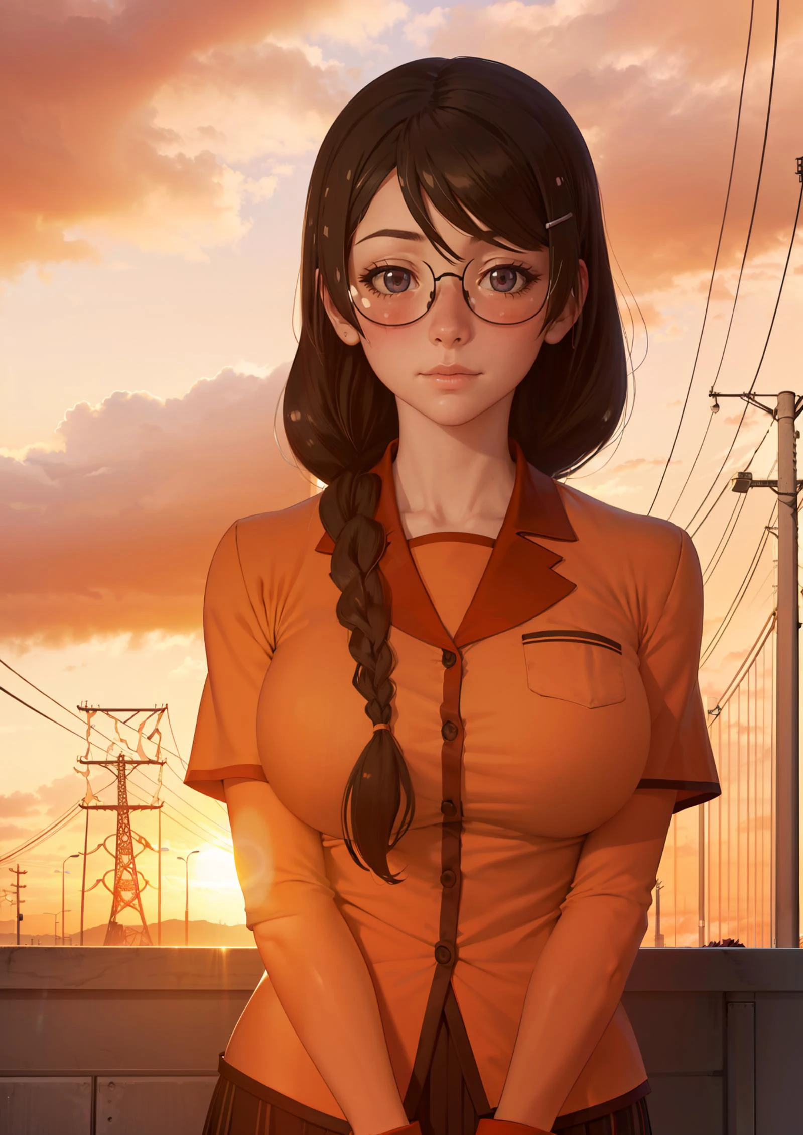 1girl, upper body portrait, standing, facing viewer, <lora:HANEKAWA600:.6> HANEKAWA600,1girl,blush, glasses,naoetsu_high_school_uniform,hairclip,braid, big breasts, hands behind back, eyes focused on viewer, romantic, in love, looking at viewer, blush, :3 architecture, bare tree, black border, bridge, building, car, chain-link fence, city, city lights, cityscape, cloud, cloudy sky, dusk, evening, fire, fireplace, gradient sky, house, lens flare, letterboxed, mountain, mountainous horizon,, orange sky, orange theme, outdoors, pillarboxed, power lines, purple sky, red sky, river, ruins, scarlet devil mansion, scenery, silhouette, sky, skyline, skyscraper, sun, sunrise, sunset, tower, tree, twilight, utility pole, water,, photorealistic, octane render, best quality, looking at viewer, looking down, sharp focus, (8k), (4k), (Masterpiece), (Best Quality), (realistic skin texture), extremely detailed, intricate, hyper detailed, , illustration, soft lighting, , high resolution, sharp detail,
beautiful, beautiful eyes, anatomically correct, extremely detailed eyes, RAW image, beautiful face, symmetrical eyes, symmetrical face, amazing lighting