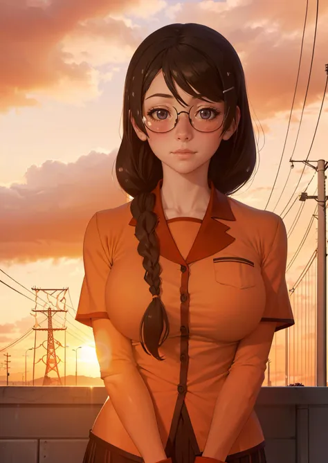 1girl, upper body portrait, standing, facing viewer, <lora:HANEKAWA600:.6> HANEKAWA600,1girl,blush, glasses,naoetsu_high_school_uniform,hairclip,braid, big breasts, hands behind back, eyes focused on viewer, romantic, in love,  looking at viewer, blush, :3 architecture, bare tree, black border, bridge, building, car, chain-link fence, city, city lights, cityscape, cloud, cloudy sky, dusk, evening, fire, fireplace, gradient sky, house, lens flare, letterboxed, mountain, mountainous horizon,, orange sky, orange theme, outdoors, pillarboxed, power lines, purple sky, red sky, river, ruins, scarlet devil mansion, scenery, silhouette, sky, skyline, skyscraper, sun, sunrise, sunset, tower, tree, twilight, utility pole, water,, photorealistic, octane render, best quality, looking at viewer, looking down, sharp focus, (8k), (4k), (Masterpiece), (Best Quality), (realistic skin texture), extremely detailed, intricate, hyper detailed, , illustration, soft lighting, , high resolution, sharp detail,
beautiful, beautiful eyes, anatomically correct, extremely detailed eyes, RAW image, beautiful face, symmetrical eyes, symmetrical face, amazing lighting