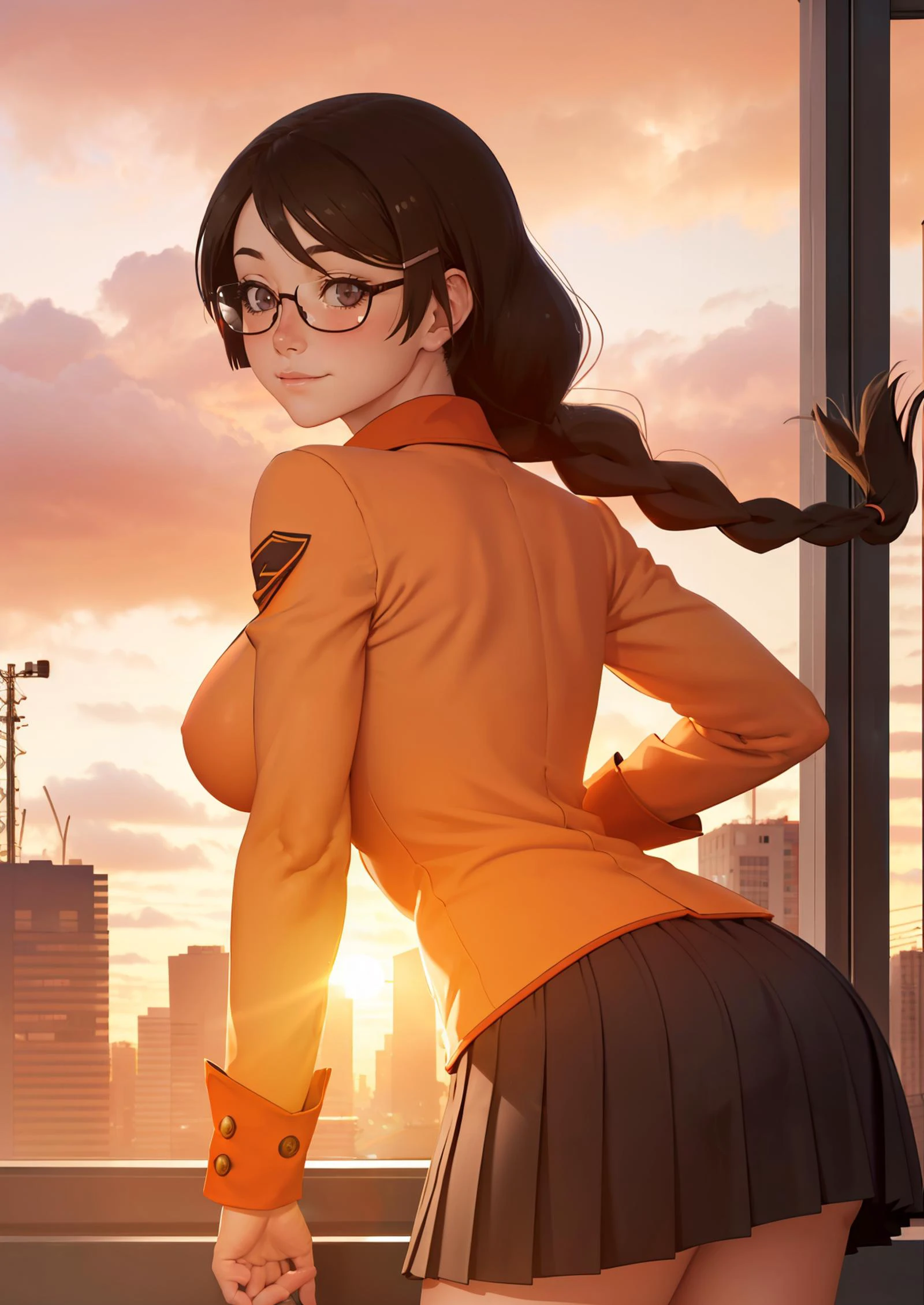 1girl, upper body portrait, standing, facing viewer,
<lora:HANEKAWA600:.7> HANEKAWA600,1girl,blush, glasses,naoetsu_high_school_uniform,hairclip,braid, big breasts, hands behind back, eyes focused on viewer, romantic, in love, long hair
looking at viewer, blush, :3
architecture, bare tree, black border, bridge, building, car, chain-link fence, city, city lights, cityscape, cloud, cloudy sky, dusk, evening, fire, fireplace, gradient sky, house, lens flare, letterboxed, mountain, mountainous horizon,, orange sky, orange theme, outdoors, pillarboxed, power lines, purple sky, red sky, river, ruins, scarlet devil mansion, scenery, silhouette, sky, skyline, skyscraper, sun, sunrise, sunset, tower, tree, twilight, utility pole, water,, photorealistic, octane render, best quality, looking at viewer, looking down, sharp focus, (8k), (4k), (Masterpiece), (Best Quality), (realistic skin texture), extremely detailed, intricate, hyper detailed, , illustration, soft lighting, , high resolution, sharp detail,
beautiful, beautiful eyes, anatomically correct, extremely detailed eyes, RAW image, beautiful face, symmetrical eyes, symmetrical face, amazing lighting
