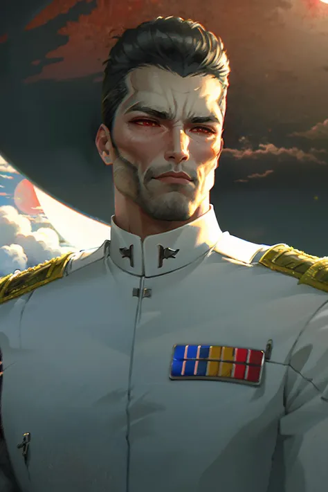 photorealistic, octane render,  best quality, looking at viewer, looking down, sharp focus, (8k), (4k), (Masterpiece), (Best Quality), (realistic skin texture), blurry, circle, cloud, depth of field, german/(military uniform/), moon, red moon  <lora:myThrawn:0.8> <lora:Gigachadv1:1>