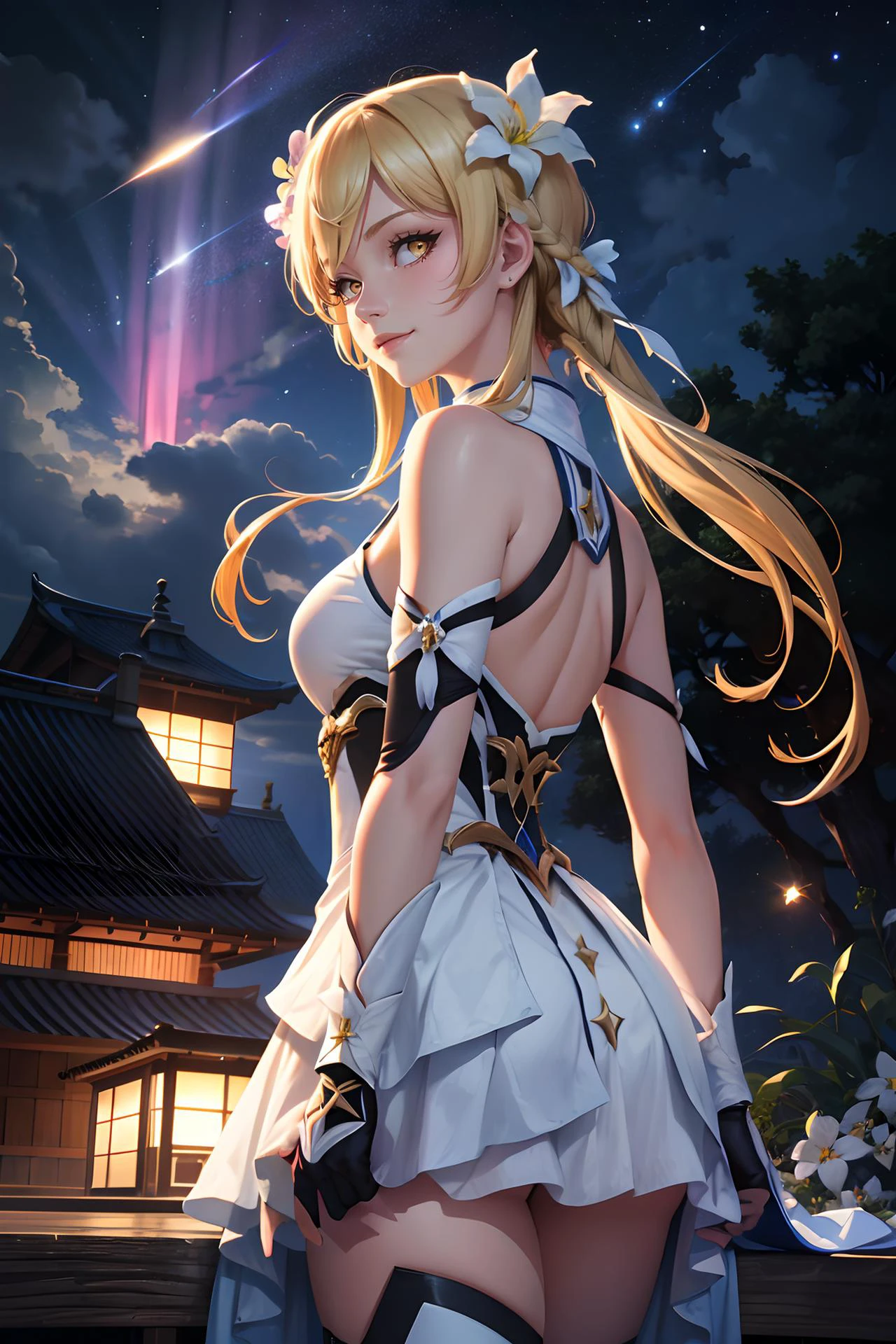 1girl, solo, upper body portrait,
<lora:lumine1-000008:0.8> luminedef, blonde hair, boots, breasts, detached sleeves, dress, flower, full body, gloves, hair flower, hair ornament, long hair, looking at viewer, lumine \(genshin impact\), solo, standing, thighhighs, transparent background, weapon, white dress, white flower, white footwear, white legwear, yellow eyes
standing, grin, smiling, looking at viewer, contrapposto, head turned, from behind, nape of back,
1girl, aerial fireworks, aurora, beach, bridge, building, cherry blossoms, city lights, cityscape, cloud, cloudy sky, constellation, crescent moon, earth \(planet\), fireflies, fireworks, flower, full moon, galaxy, gradient sky, horizon, house, lake, lantern, light particles, long hair, milky way, moon, moonlight, mountain, mountainous horizon, night, night sky, onsen, outdoors, pine tree, planet, purple sky, scenery, shooting star, shore, sky, skyline, skyscraper, snow, snowing, solo, space, star \(sky\), star \(symbol\), starry background, starry sky, starry sky print, tanabata, tanzaku, telescope, tree, twilight, water,, photorealistic, octane render, best quality, looking at viewer, looking down, sharp focus, (8k), (4k), (Masterpiece), (Best Quality), (realistic skin texture), extremely detailed, intricate, hyper detailed, , illustration, soft lighting, , high resolution, sharp detail,, Masterpiece, high quality, 8k, sharp focus, beautiful, beautiful eyes, anatomically correct, anatomically correct face, extremely detailed eyes, RAW image, smooth edges, beautiful face, symmetrical eyes, symmetrical face