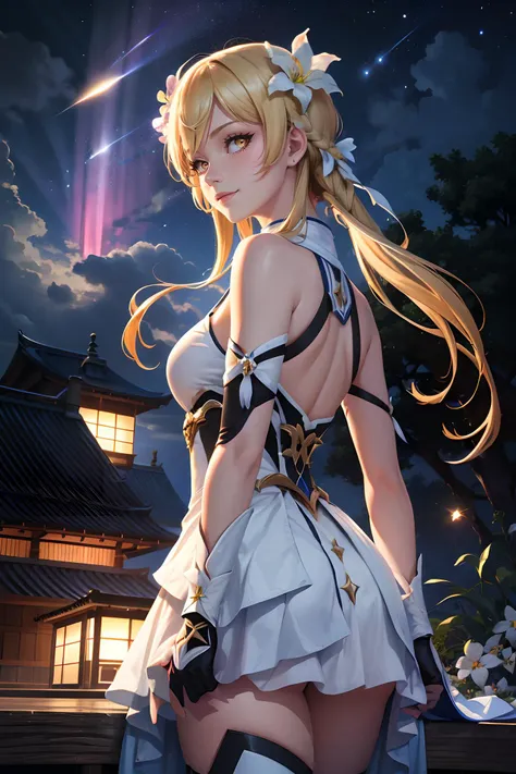 1girl, solo, upper body portrait, 
<lora:lumine1-000008:0.8> luminedef, blonde hair, boots, breasts, detached sleeves, dress, flower, full body, gloves, hair flower, hair ornament, long hair, looking at viewer, lumine \(genshin impact\), solo, standing, thighhighs, transparent background, weapon, white dress, white flower, white footwear, white legwear, yellow eyes
standing, grin,  smiling, looking at viewer, contrapposto, head turned, from behind, nape of back, 
1girl, aerial fireworks, aurora, beach, bridge, building, cherry blossoms, city lights, cityscape, cloud, cloudy sky, constellation, crescent moon, earth \(planet\), fireflies, fireworks, flower, full moon, galaxy, gradient sky, horizon, house, lake, lantern, light particles, long hair, milky way, moon, moonlight, mountain, mountainous horizon, night, night sky, onsen, outdoors, pine tree, planet, purple sky, scenery, shooting star, shore, sky, skyline, skyscraper, snow, snowing, solo, space, star \(sky\), star \(symbol\), starry background, starry sky, starry sky print, tanabata, tanzaku, telescope, tree, twilight, water,, photorealistic, octane render, best quality, looking at viewer, looking down, sharp focus, (8k), (4k), (Masterpiece), (Best Quality), (realistic skin texture), extremely detailed, intricate, hyper detailed, , illustration, soft lighting, , high resolution, sharp detail,, Masterpiece, high quality, 8k, sharp focus, beautiful, beautiful eyes, anatomically correct, anatomically correct face, extremely detailed eyes, RAW image, smooth edges, beautiful face, symmetrical eyes, symmetrical face