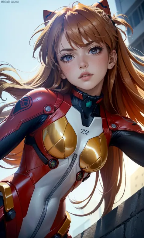 (best quality, masterpiece, colorful, dynamic angle, highest detailed)(Asuka Langley), upper body photo, fashion photography of cute red long hair girl (Asuka Langley), dressing high detailed Evangelion red suit (high resolution textures), in dynamic pose, bokeh, (intricate details, hyperdetailed:1.15), detailed, sunlight passing through hair, colorful art background, (official art, extreme detailed, highest detailed),, photorealistic, octane render, best quality, looking at viewer, looking down, sharp focus, (8k), (4k), (Masterpiece), (Best Quality), (realistic skin texture), extremely detailed, intricate, hyper detailed, , illustration, soft lighting, , high resolution, sharp detail, blush, (((FROM BELOW)))