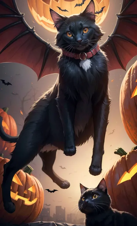 Black cat with bat wings and fangs, red eyes, pumpkins, spooky, Halloween, cat, photorealistic, octane render, best quality, looking at viewer, looking down, sharp focus, (8k), (4k), (Masterpiece), (Best Quality), (realistic skin texture), extremely detailed, intricate, hyper detailed, , illustration, soft lighting, , high resolution, sharp detail, blush, (((FROM BELOW)))