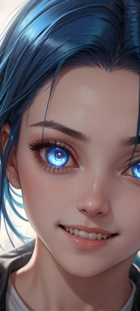 portrait of a face of a girl, high detail, 1girl, blue hair, glowing eyes, detailed iris, detailed eyes, bright pupils, looking down, low camera angle, clenched teeth, crazy smile, hard lighting
