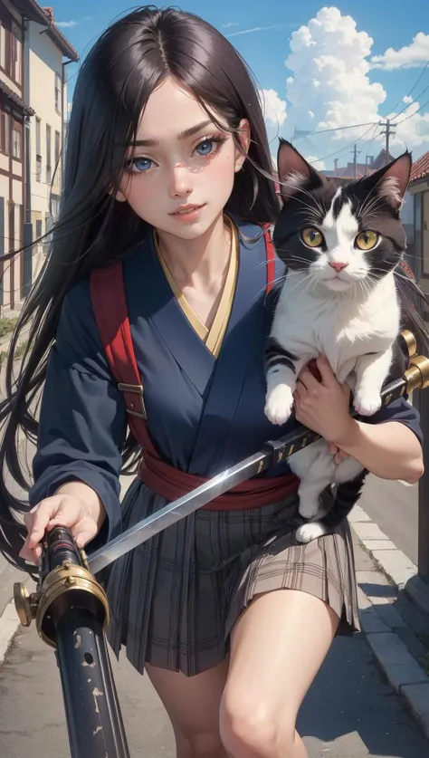 ((Top quality)),((masterpiece)),((perfect face)),((background blur)),((kawaii)), nsfw, One schoolgirl, summer school uniform, A perfect Japanese sword, Japanese sword in each hand, Japanese sword in each hand, two sword license, long black hair, brown eyes, (beautiful eyes in detail). A place in Europe in the 1600s, midnight, many cats on the street, about to fight to the death with cats, fired up, serious, fearless smile, cool, dynamic angle, ((kawaii)), ((heavy Gatling gun in tow)), close-up,, outdoor, blue sky, cloud day, day, (realistic:1)