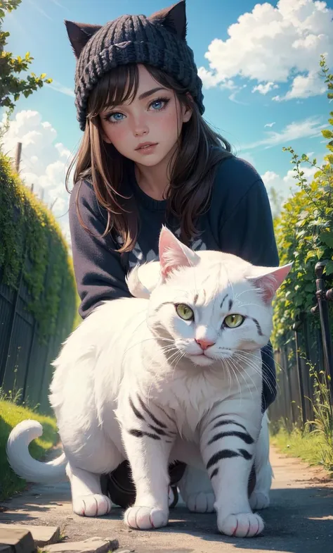 camp girl,cat knit cap,2 girl, animal cat, cat,, photorealistic, octane render, best quality, looking at viewer, looking down, sharp focus, (8k), (4k), (Masterpiece), (Best Quality), (realistic skin texture), extremely detailed, intricate, hyper detailed, , illustration, soft lighting, , high resolution, sharp detail, blush, outdoor, blue sky, cloud day, day,