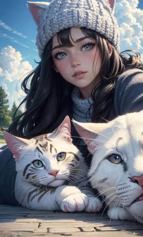 camp girl,cat knit cap,2 girl, animal cat, cat,, photorealistic, octane render, best quality, looking at viewer, looking down, sharp focus, (8k), (4k), (Masterpiece), (Best Quality), (realistic skin texture), extremely detailed, intricate, hyper detailed, , illustration, soft lighting, , high resolution, sharp detail, blush, outdoor, blue sky, cloud day, day,