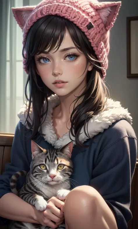 camp girl,cat knit cap,2 girl, animal cat, cat,, photorealistic, octane render, best quality, looking at viewer, looking down, sharp focus, (8k), (4k), (Masterpiece), (Best Quality), (realistic skin texture), extremely detailed, intricate, hyper detailed, , illustration, soft lighting, , high resolution, sharp detail, blush