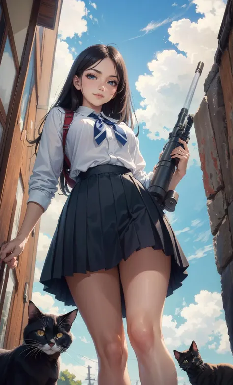 ((Top quality)),((masterpiece)),((perfect face)),((background blur)),((kawaii)), nsfw,
One schoolgirl, summer school uniform, A perfect Japanese sword, Japanese sword in each hand, Japanese sword in each hand, two sword license, long black hair, brown eyes, (beautiful eyes in detail).
A place in Europe in the 1600s, midnight, many cats on the street, about to fight to the death with cats, fired up, serious, fearless smile, cool, dynamic angle, ((kawaii)),
((heavy Gatling gun in tow)), close-up,, outdoor, blue sky, cloud day, day,, (((FROM BELOW)))