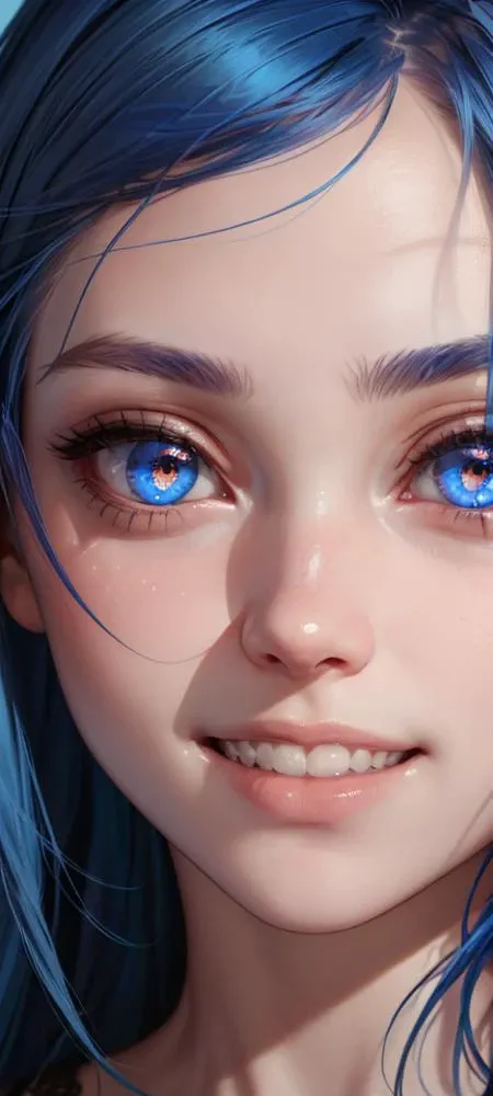 portrait of a face of a girl, high detail, 1girl, blue hair, glowing eyes, detailed iris, detailed eyes, bright pupils, looking down, low camera angle, clenched teeth, crazy smile, hard lighting