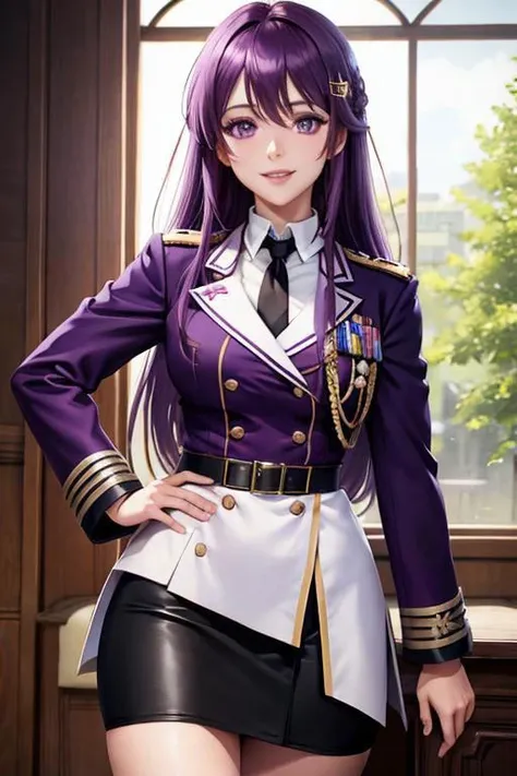 photorealistic, octane render, <lora:german_uniform:0.9> best quality, looking at viewer, looking down, sharp focus, (8k), (4k), (Masterpiece), (Best Quality), (realistic skin texture), RED ARMBAND BADGE NECKTIE, black GERMAN/(MILITARY UNIFORM/) SHORT PENCIL SKIRT, ddlcyuri, hair ornament, hairclip, long hair, (purple eyes:1.1), purple hair, grin, smile, yuri, purple eyes, purple hair, hair between eyes, hairclip
<lora:ddlcyuritest:1> <lora:ddlc:1>
