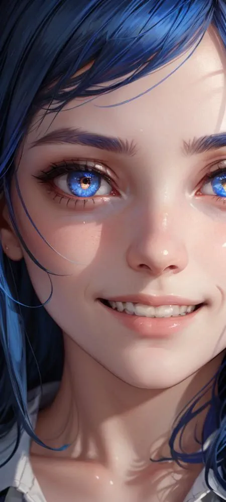portrait of a face of a girl, high detail, 1girl, blue hair, glowing eyes, detailed iris, detailed eyes, bright pupils, looking down, low camera angle, clenched teeth, crazy smile, hard lighting