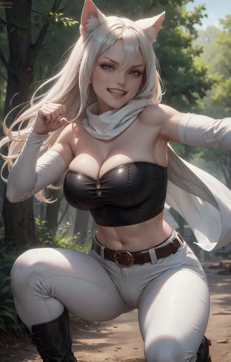 masterpiece, best quality, highres, aaleone, long hair, animal ears, large breasts, cleavage, white scarf, bare shoulders, bandeau, detached sleeves, midriff, belt, black panties, pants, knee boots, animal hands, claws, evil grin, fighting stance, outdoors