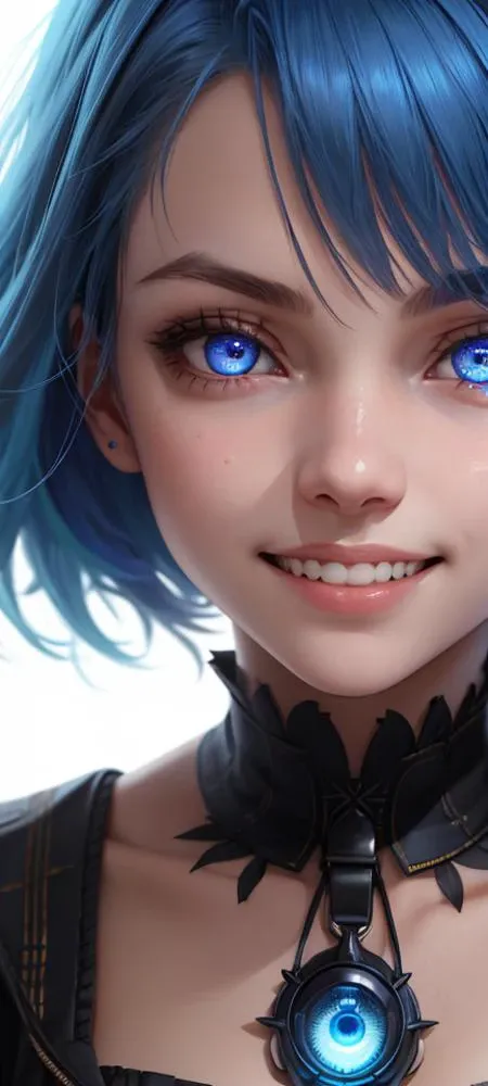 portrait of a face of a girl, high detail, 1girl, blue hair, glowing eyes, detailed iris, detailed eyes, bright pupils, looking down, low camera angle, clenched teeth, crazy smile, hard lighting